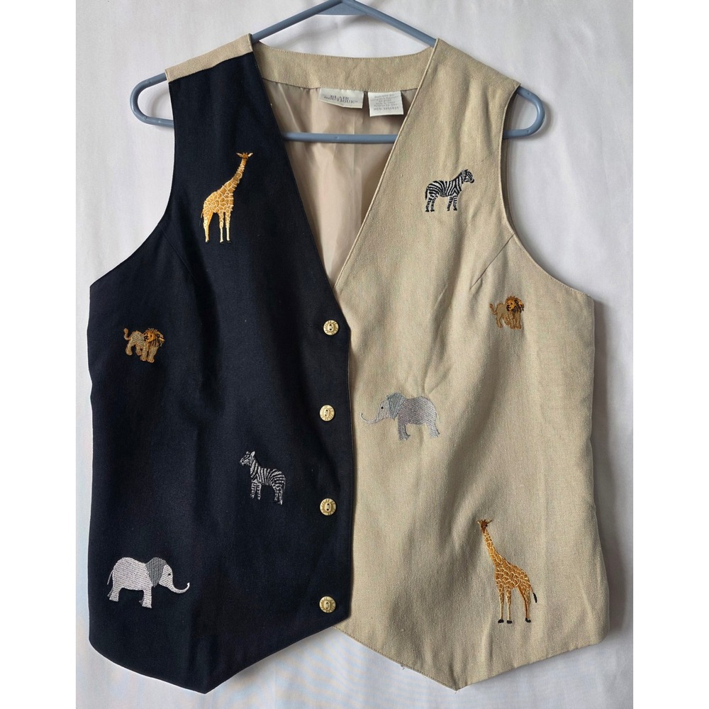 Blair Boutique Vintage Silk Safari Animal Embroidered Vest Black Tan Medium
